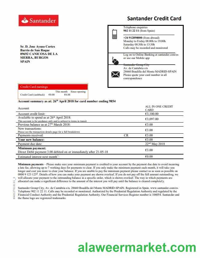 Spain Santander credit card proof of address bank statement in Word and PDF format